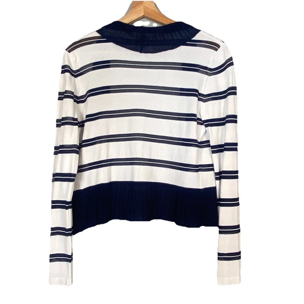Boston Proper Ivory Ruffled Nautical Ruffle Edge Striped Cardigan Sweater Size S